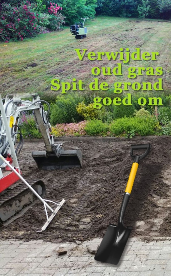 Voorbereiding leggen graszoden, gras verwijderen, omspitten, bemesten
