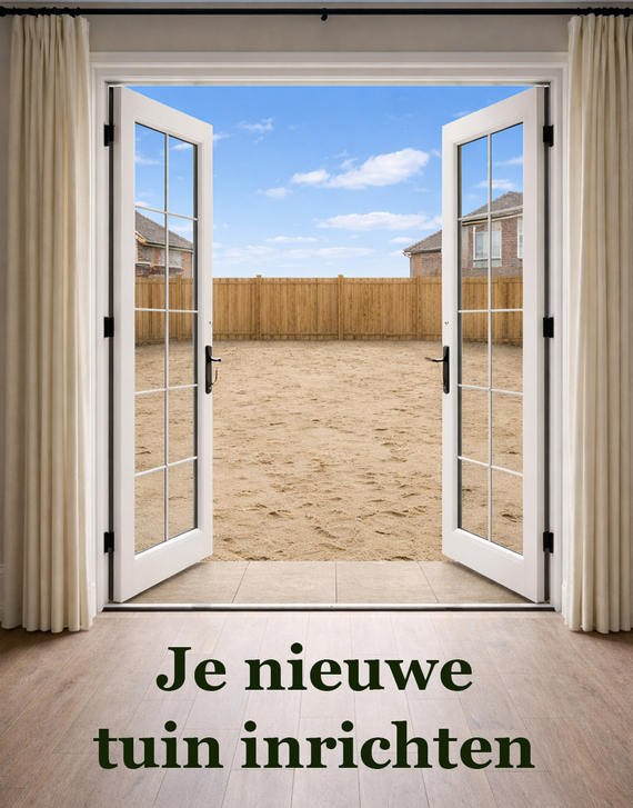 Lege tuin bij nieuwbouw woning met alleen zand klaar voor inrichting gras gazon