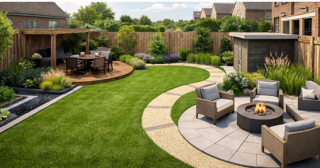 Tuin met gazon bij nieuw gebouwde woning zitje grasveld pergola ontwerp