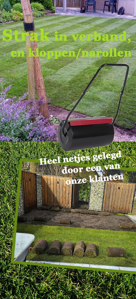 De graszoden neerleggen strak tegen elkaar in verband en daarna kloppen of narollen