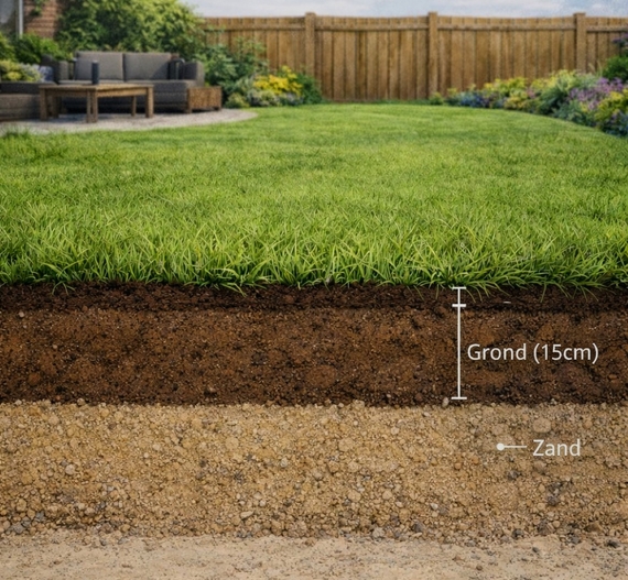 Doorsnede grondlagen nieuwbouw tuin gazon graszoden leggen ondergrond aarde zand